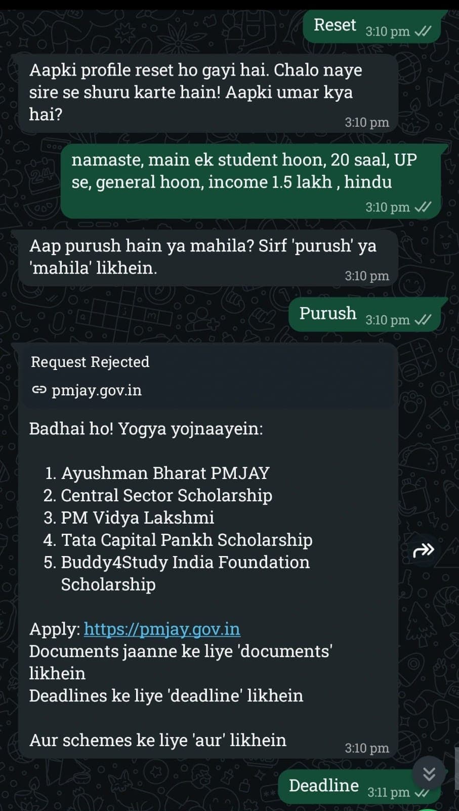 Historical Yojna Setu WhatsApp interaction showing multilingual profile intake, missing-gender clarification and scheme recommendations.